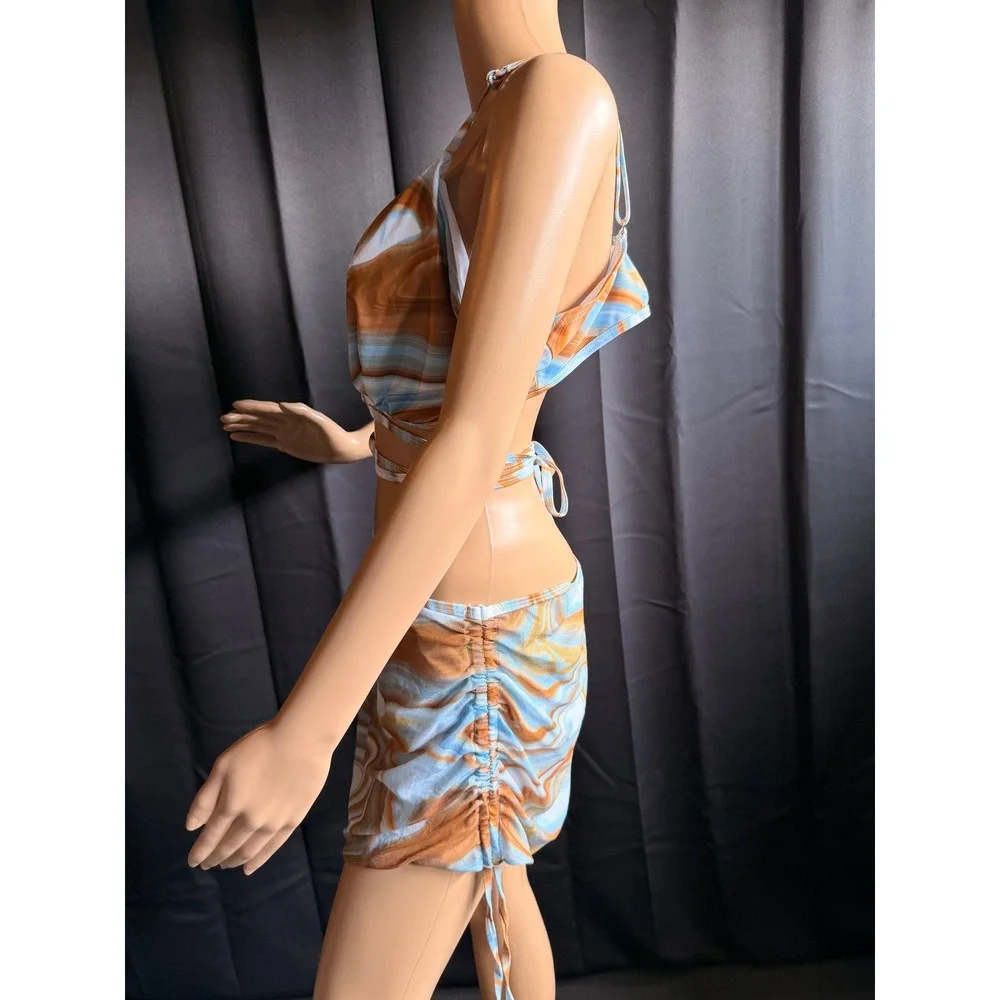 Marble Swirl 3 Piece Bikini Set Mesh Skirt Cover Up Blue Orange 2XL Coastal Y2K